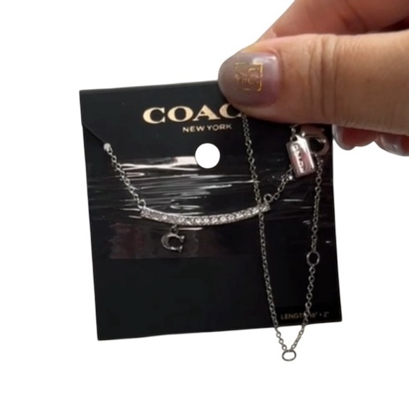 COACH Pave Signature C Bar Necklace Silver-Tone White Gold Plated Brass NWT - Picture 6 of 6